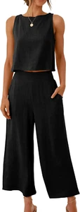 Women'S Summer 2 Piece Outfits Sleeveless Crop Top Capri Wide Leg Pants Jumpsuit - Picture 1 of 9