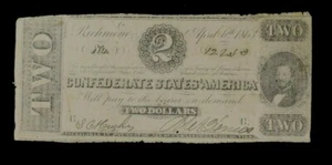 AUTÉNTICO BILLETE DE DOS DÓLARES CONFEDERADO CON FECHA 6 DE ABRIL DE 1863 - Imagen 1 de 2
