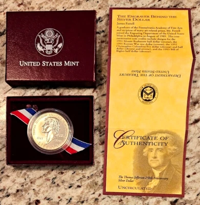 1993 Thomas Jefferson 250th Silver Commemorative Dollar $1 US UNC OGP/COA - Image 1 of 3