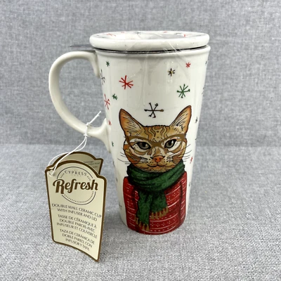refresh cypress double wall ceramic cup with infuser lid hipster holiday cat - Image 1 of 4