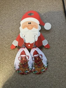 Christmas Chicken Double Sided PU Leather Teardrop Dangle Earrings - New Funny - Picture 1 of 3