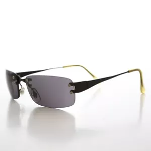 90s Rimless Black Metal Rectangular Sunglasses with Gray Lens - Corby - Picture 1 of 3