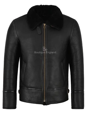 Men's B3 Black Fur Shearling Sheepskin Leather Jacket Bomber Pilot RAF HARBIN — 第 1/4 张图片