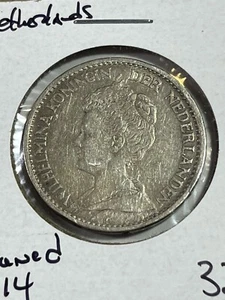 1914 Netherlands 1 Gulden Silver Coin Cleaned - Picture 1 of 4