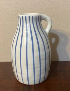 IKEA Small Ceramic Bud Vase Handled Jug Cobalt Blue & White Stripes Swedish Boho - Picture 1 of 6