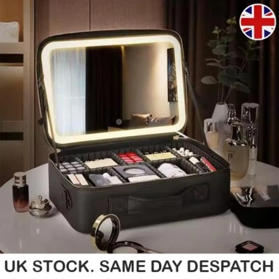 Portable Make up Cosmetic Organizer Bag  with LED Mirror case Travel Storage - Image 1 of 4