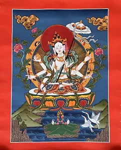 SITATAPATRA LADY OF WHITE PARASOL ORIGINAL MASTERPIECE TIBETAN THANGKA PAINTING - Picture 1 of 7