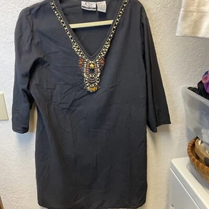 CZ Cover-Up Women's Tunic Dress Black Bead Work Swim Beach Long Sleeve Size L - Picture 1 of 5