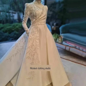 Luxury Formal Wedding Gown Long Sleeve High Neck Beaded - Size 8 - Picture 1 of 8