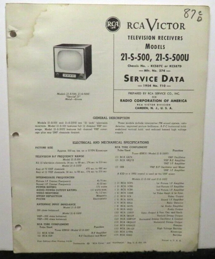 RCA VICTOR TELEVISION SERVICE DATA 1954 T10 21-S-500 -500U KCS87C D 28 PAGES - Image 1 of 1