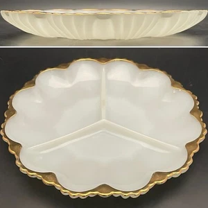 Anchor Hocking 22Kt Gold Trimmed Milk Glass 3-Part Relish Plate Made in USA 10"d - Picture 1 of 5