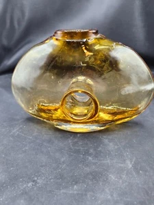 Vintage Yellow Amber Hand Blown Donut Hole Center Oval Vase ~ Very Funky! - Picture 1 of 9