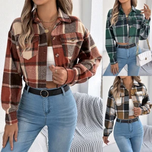 Womens Jacket Tops Check Fleece Loose Lady Shacket Button Shirts Short Coat SIZE - Picture 1 of 21