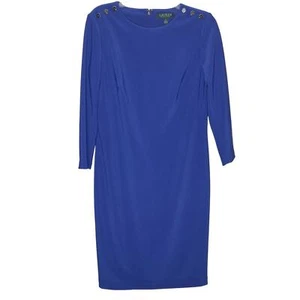 Lauren Ralph Lauren Sheath Dress Size 8 Blue 3/4 Sleeve Button Accent Stretch - Picture 1 of 5