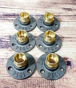 6 X Malleable Iron Pipe Flange With 22 mm Brass Inserts,Wall, Floor Brackets - Picture 1 of 1