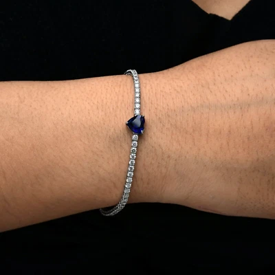 Kunstdiamanten Grown Cvd Diamant Blauer Saphir Tennis Armband Kette 18k Weißgold - Bild 1 von 4