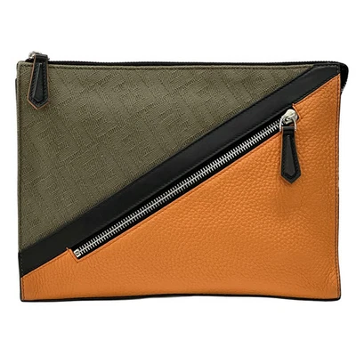 Fendi Zucca Canvas Leather Two Tone Clutch Bag Khaki Orange Vintage Authentic - Image 1 of 4