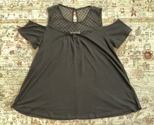 NEW NO COMMENT Crochet Yoke Black Top Short-Cold-Shoulder / Cutout Knit LARG NWT - Picture 1 of 8