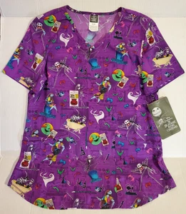Disney The Nightmare Before Christmas Skellington Women's V-Neck Print Scrub Top - Picture 1 of 5