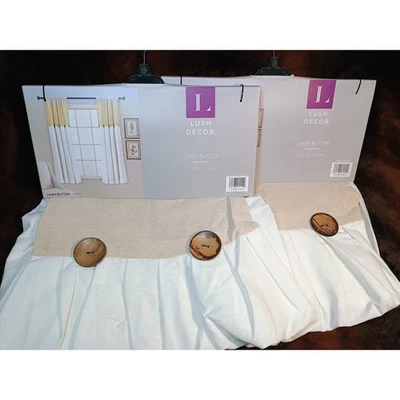 Nuevo Par de Cortinas de Panel de Botones de Lino Decoración Exuberante 40 x 45 Botones de Madera Natural Foto 1 de 4
