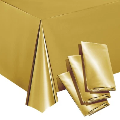 3 Pack Disposable Gold Plastic Tablecloths for Rectangle Tables, 108 x 54 In - Image 1 of 4
