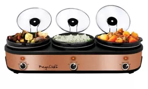 MegaChef Triple 2.5 Qt Slow Cooker Buffet Server in Brushed Copper w Lids Rests - Picture 1 of 2