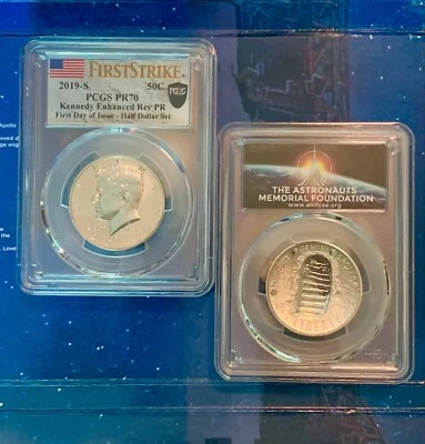 2-Coins RARE APOLLO 11 50TH Anniv PCGS FDOI Reverse-PR70 Kennedy 50c Only 63! - Image 1 of 4