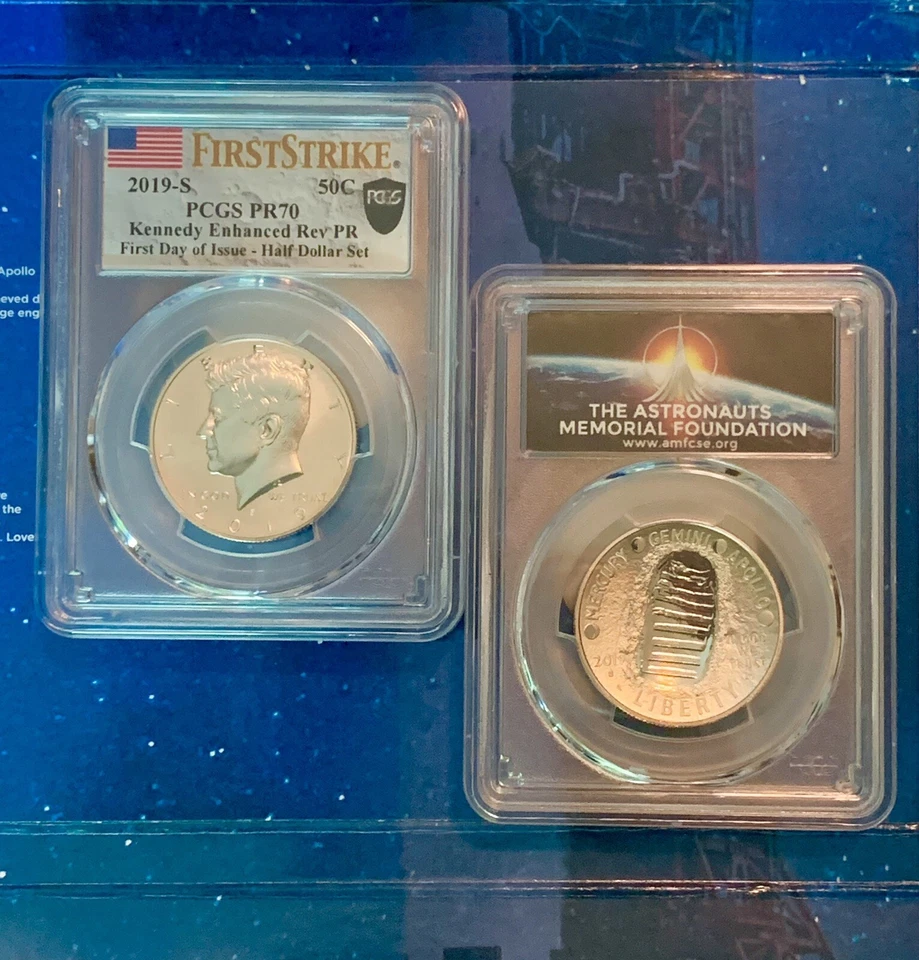 2-Coins RARE APOLLO 11 50TH Anniv PCGS FDOI Reverse-PR70 Kennedy 50c Only 63! - Image 1 of 4