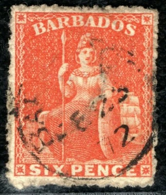 BARBADOS QV Stamp SG.46 6d BRITANNIA (1870) Used 1872 CDS Cat £90++ YELLOW214 - Image 1 of 4