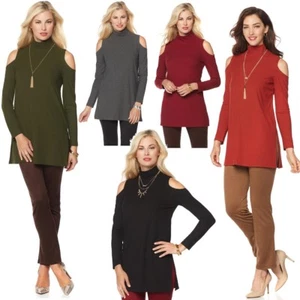 Slinky Brand Cold-Shoulder Ribbed Tunic with Mock Neck 510424-J (XS-L) - Picture 1 of 9