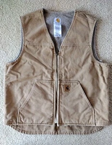 Carhartt Vest Sherpa Lined Canvas Large Khaki Tan Distressed Full Zip V26 - Picture 1 of 9