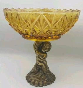 Ciotola piatto vintage vetro ambrato ottone piedistallo Hollywood Regency cherubino caramelle RARO - Foto 1 di 21