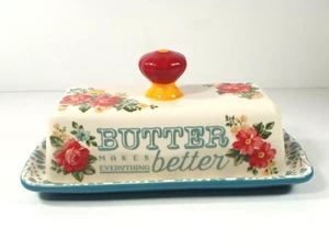 The Pioneer Woman Butter Dish Vintage Floral Stoneware Teal, Red, Ivory - Picture 1 of 7