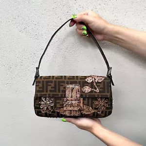 RARE☆☆☆☆☆☆Auth FENDI ZUCCA Snake Skin and Beaded Embroidery Mamma Baguette PM - Picture 1 of 12