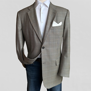 TASSO ELBA Italian Wool Mens Blazer Sport Coat Jacket 44L Tan Plaid Suit 