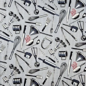 Kitchen Utensils Tossed Black/White Designer Cotton Twill 58" Fabric by the Yard - Picture 1 of 1