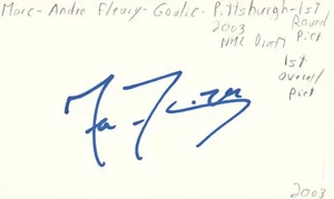 Tarjeta de índice de hockey firmada de Marc Andre Fleury Goalie Pittsburgh NHL JSA certificado de autenticidad - Imagen 1 de 2