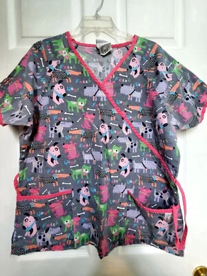 UA Scrubs Scrub Top Size L-Grey/Pink Dog/Puppy Mock Wrap-Chest 23.5"/L 27.5" - Image 1 of 4