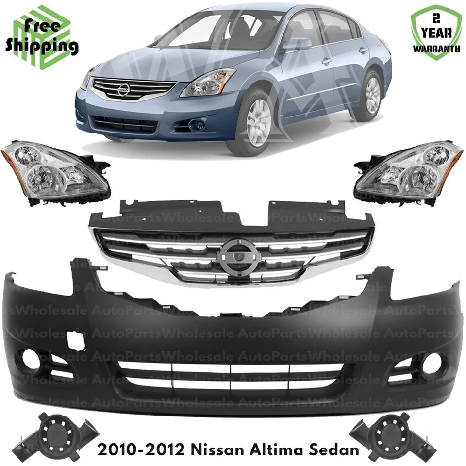 Front Bumper Cover & Headlight Assembly Kit For 2010-2012 Nissan Altima Sedan - Imagem 1 de 4