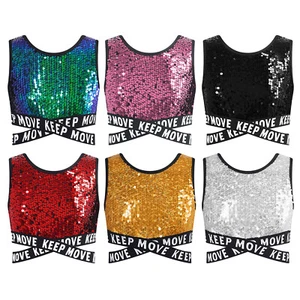 Kids Girl's Vest Party Crop Top Stage Tops Rave Blouse Shiny Vests Festival Bra - Picture 1 of 67