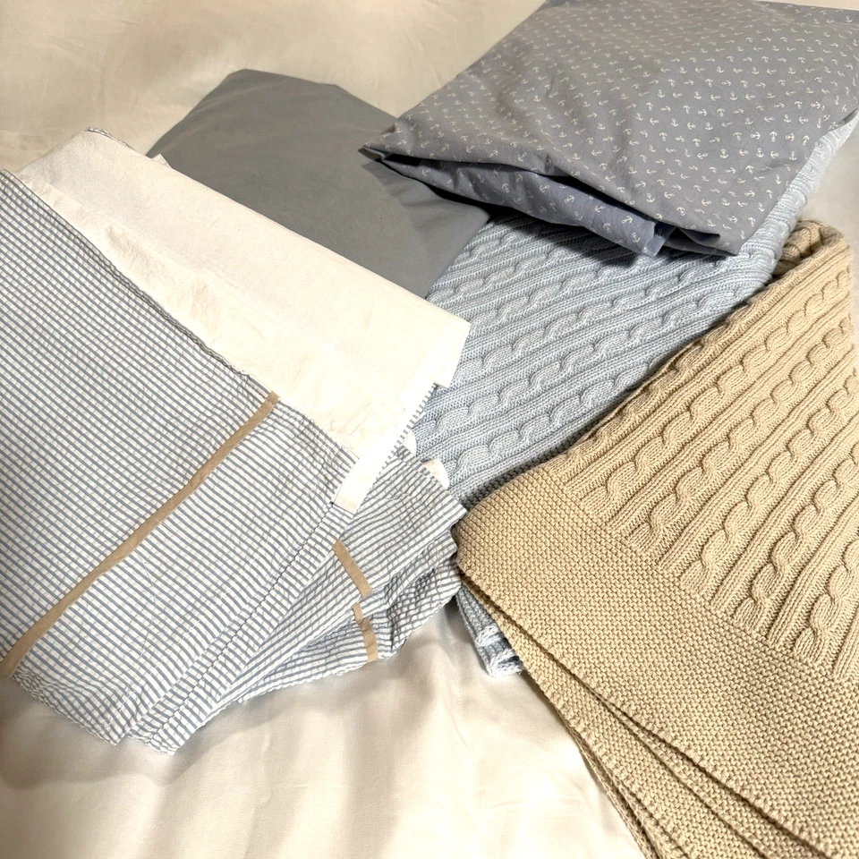 Restoration Hardware Crib Bedding Set Skirt 2 Sheets 2 Blankets Seersucker Blue - Image 1 of 4