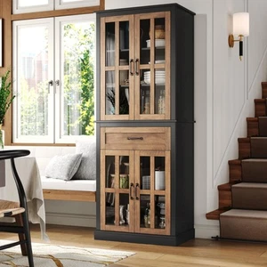 71'' Kitchen Pantry Cabinet, Tall Kitchen Cabinet Pantry with Glass Doors and... - Picture 1 of 8