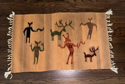 Alfombra de lana mexicana tejida a mano vintage para colgar en la pared 30"x 58" Foto 1 de 4