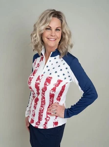 Top San Soleil Simulado Bloques de Color Borde Estrellas Rayas 1/4 Cremallera Mujer L UPF 50 NUEVO - Imagen 1 de 19