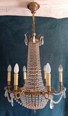 ancien lustre suspension en bronze doré pampilles cristal montgolfier 6 branches - Photo 1/4