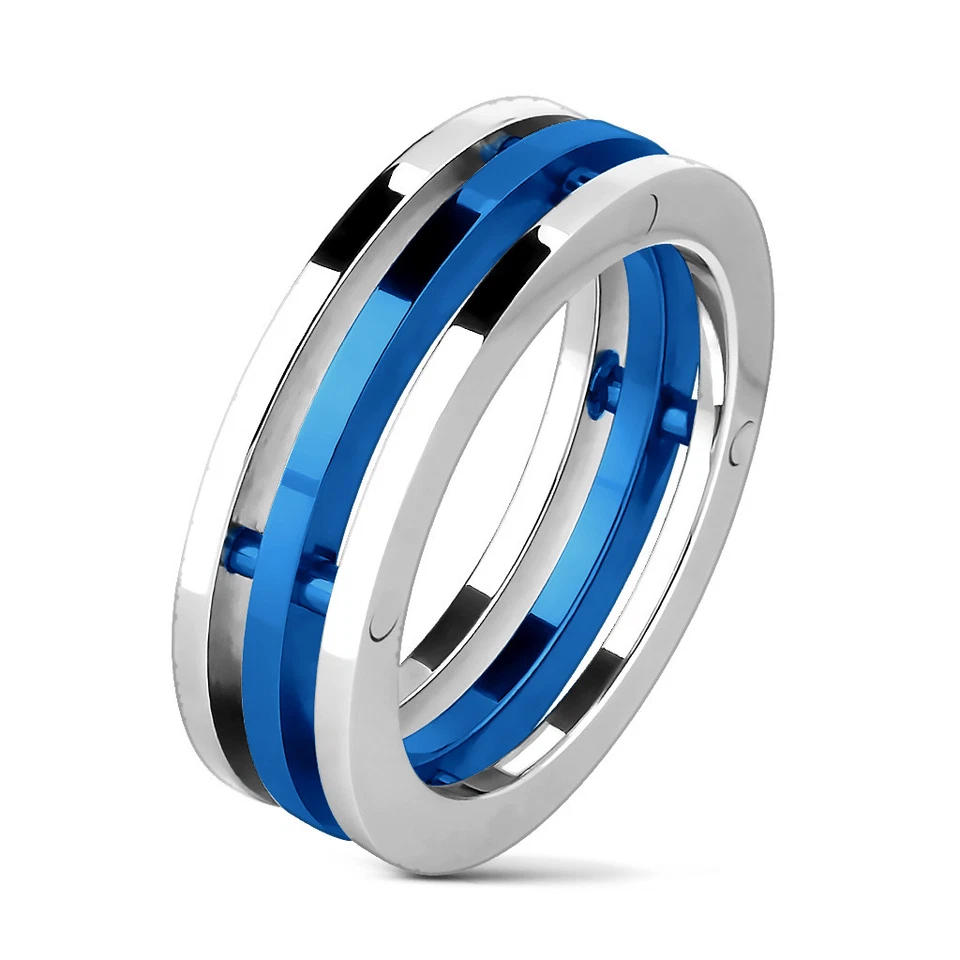 Men's Centered Blue IP Three Band Stainless Steel Ring - Image 1 of 1