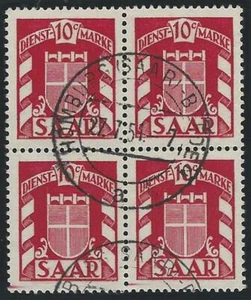 Saarland Dienstmarken aus 1949 MiNr. 33 Viererblock mit zentriertem Tagesstempel - Picture 1 of 1