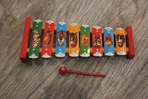 Vintage 1960's Tin & Wood Colorful Xylophone w Stand Mallet! Clown Animals Japan - Picture 1 of 5