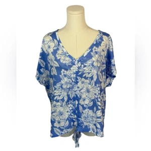 C&C California 100% Linen Blue & White Floral Short Sleeve Tee (Size L) - Picture 1 of 3