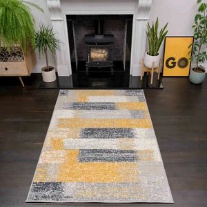 Modern Trend Paint Art Effect Ochre Gold Grey White Living Room Large Area Rug - Picture 1 of 5